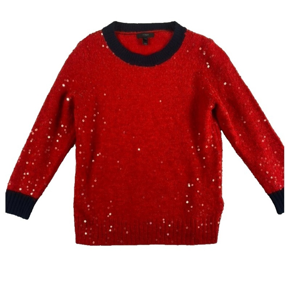 J. Crew Knit Sweater Women Sz M Red Sequin Accent Festive Christmas Wool Blend